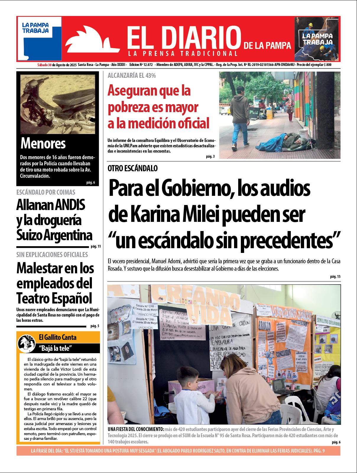 Tapa de El Diario en papel  saacutebado 30 de agosto de 2025